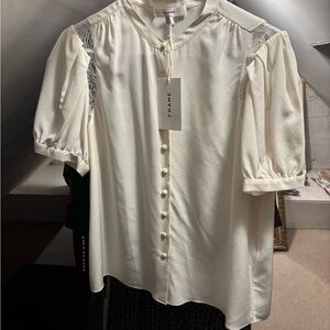Frame Lace Inset Silk Button-Up Shirt